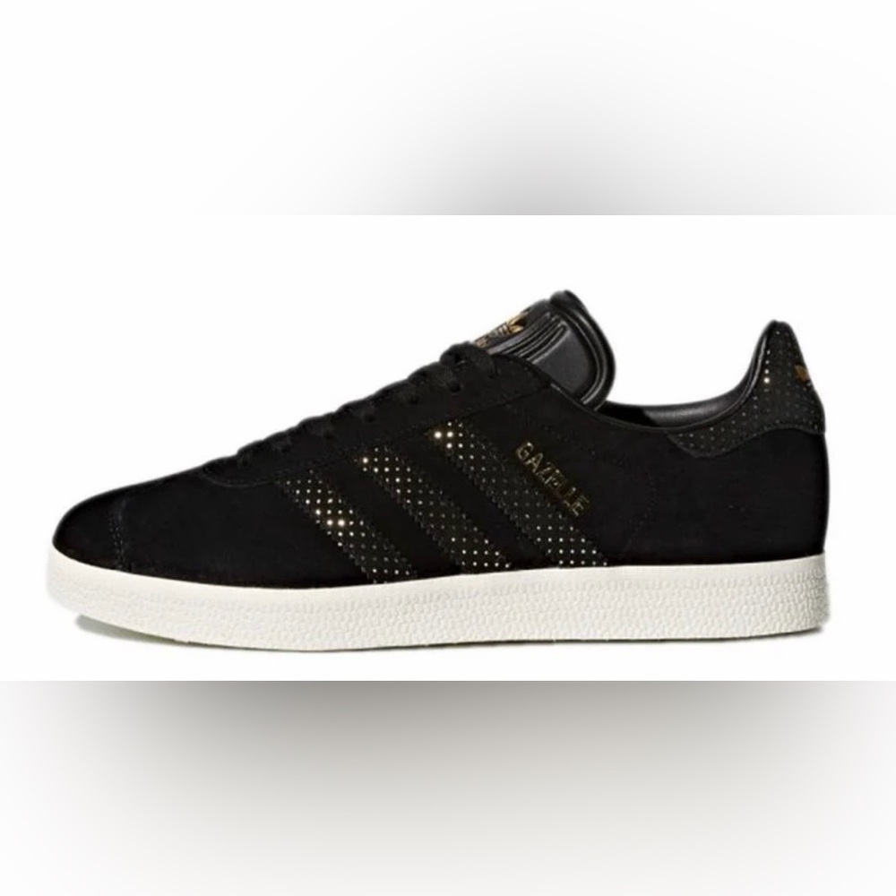 Adidas Gazelle sneakers. Black with Gold and upper with white sole.